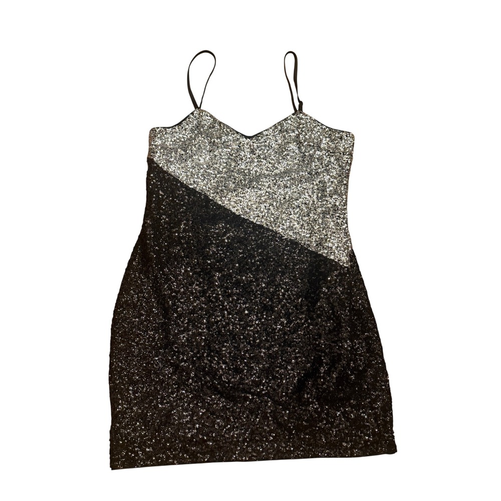 Black Silver Sequin Mini Dress Colorblock Bodycon V-Neck Party Y2K Glam NYE S